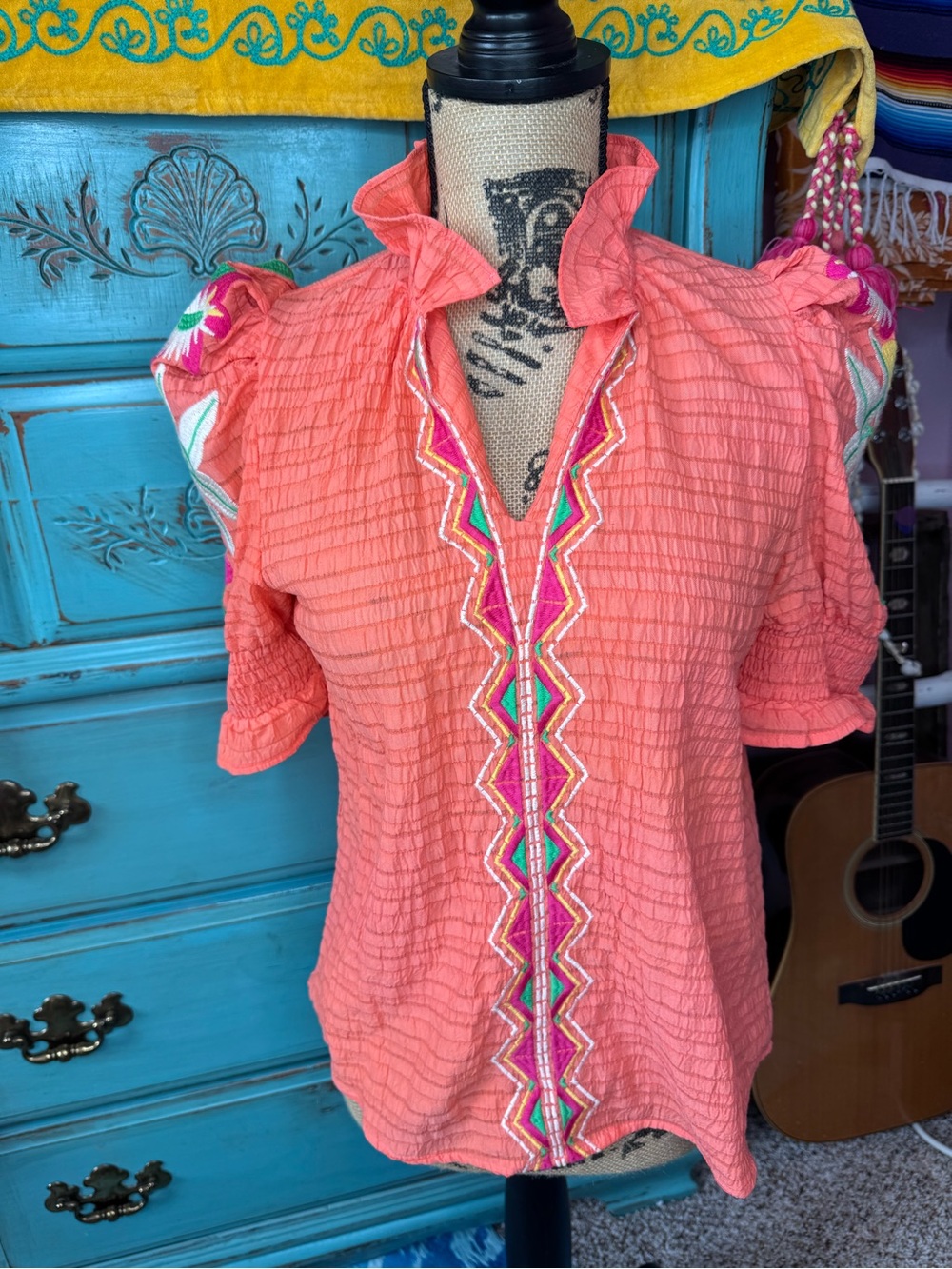 THML Coral Embroidered V-Neck Blouse